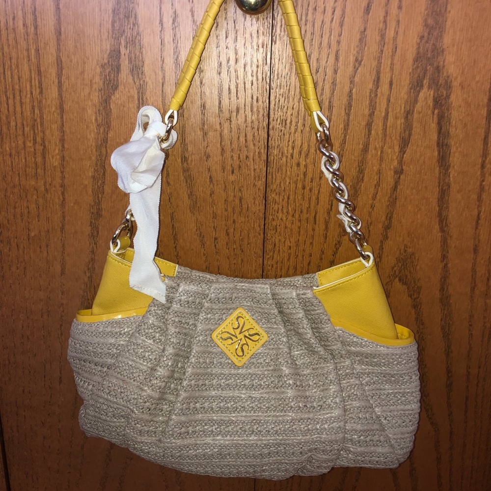 Vera Wang yellow and whicker purse w/white sash